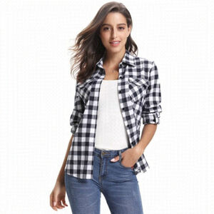 NWT Abollria Blouses Tops Roll up Long Sleeve Plaid Button Down Casual Shirt